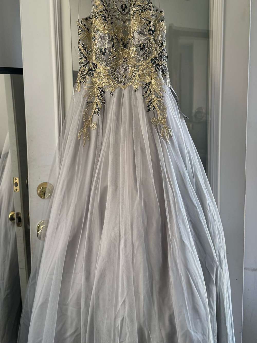 Betsy & Adam Gold-Embroidered Gray Tulle Evening Gown
